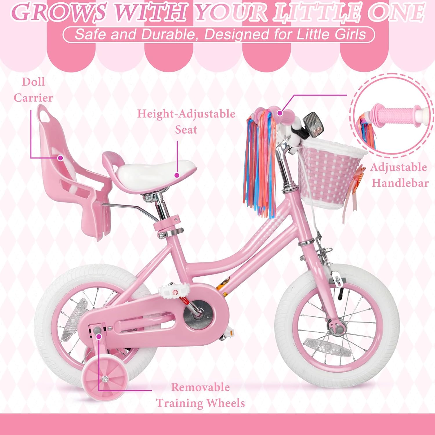 Glaf Kids Toddler Bike 12 14 16 20 Inch Girls Bike with Training Wheels Age 2-12 Years Old Toddler Girls Bike with Basket and Doll Seat Adjustable Seat