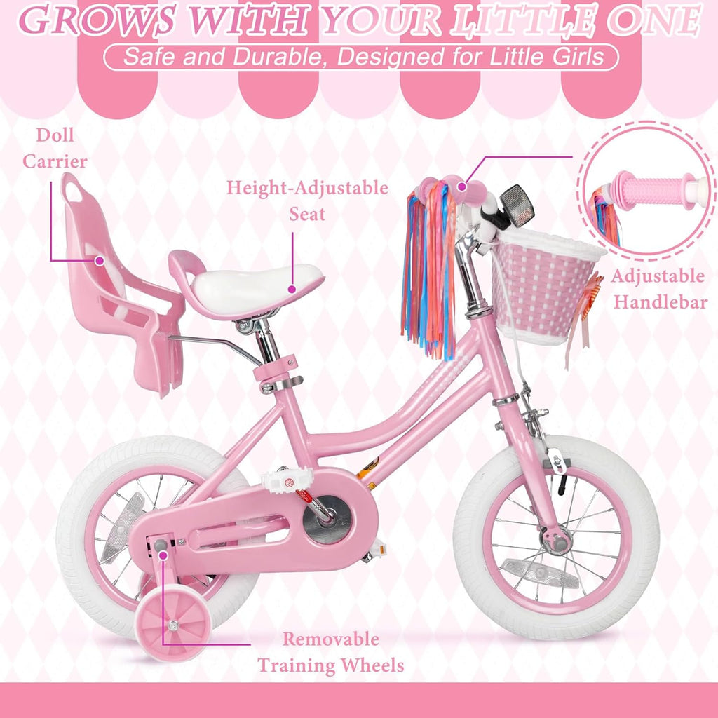 Glaf Toddler Girls Bike for Age 2-9 Years Old 12 14 16 Inch Girls Bike with Training Wheels and Doll Seat Kids Bike Bicycle with Basket Adjustable Seat