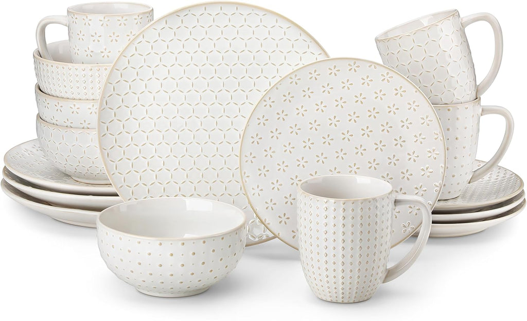 MALACASA 16 Pieces Dinnerware Sets, Modern Relief Design Plates and Bowls Sets, White Dish Set for 4, Kitchen Ceramic Dinner Plates Dishware Set, Microwave and Dishwasher Safe, Series LYDIA