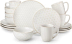 MALACASA 16 Pieces Dinnerware Sets, Modern Relief Design Plates and Bowls Sets, White Dish Set for 4, Kitchen Ceramic Dinner Plates Dishware Set, Microwave and Dishwasher Safe, Series LYDIA