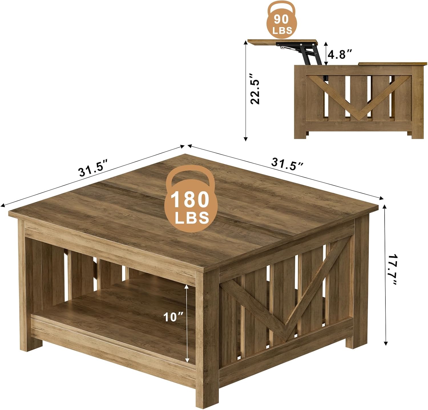 FABATO Lift Top Coffee Table, 31.5" Farmhouse Coffee Tables with Storage, Small Square Cocktail Tables, Wood Central Table for Living Room, Meeting Room, Retro Oak