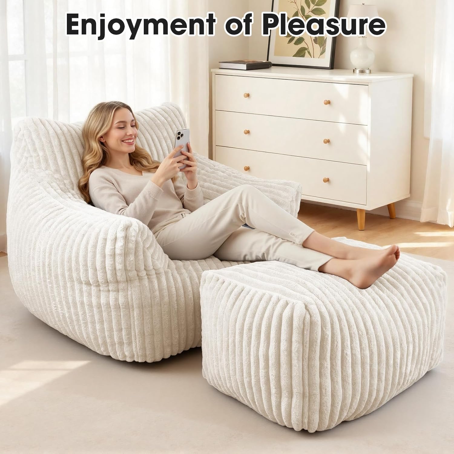 Giant Bean Bag Chair with Ottoman, Oversized Memory Foam Bean Bag Sofa for Adults and Kids, Large Comfy Fluffy Single Lounges Mini Couch for Living Room, Bedroom & Dorm(Beige)