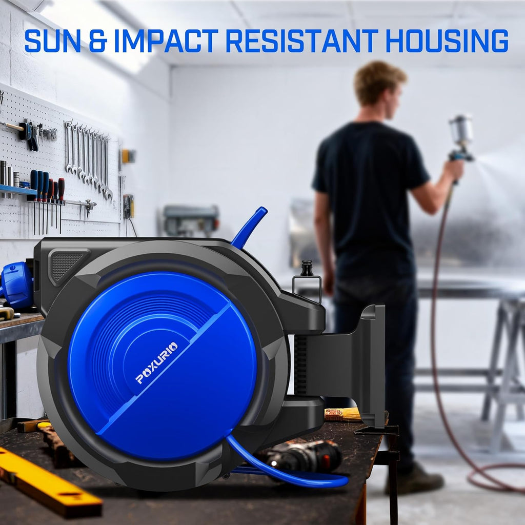 80FT+6.5FT Retractable Air Hose Reel, 3/8" Hybrid Air Hose, Air Compressor Hose Reel with Max 300 PSI Patented Design, Retractable Auto-Rewind Enclosed Heavy Duty 180° Swivel Mount