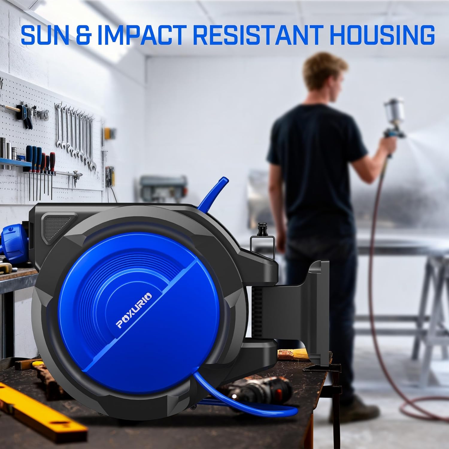 80FT+6.5FT Retractable Air Hose Reel, 3/8" Hybrid Air Hose, Air Compressor Hose Reel with Max 300 PSI Patented Design, Retractable Auto-Rewind Enclosed Heavy Duty 180° Swivel Mount