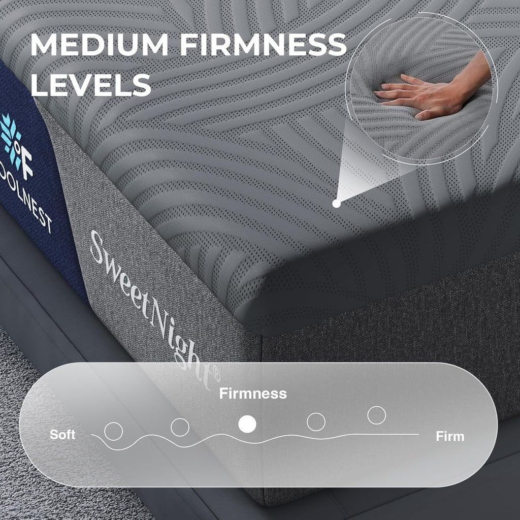 Sweetnight CoolNest Queen Mattress, 14 inch Cooling Queen Size Memory Foam Mattress for Cool Night Sleep, 5-Zone Ergo Support for Pressure Relief, Medium, CertiPUR-US Certified