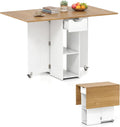 Giantex 47.5" Folding Dining Table for 2-4, Drop Leaf Wooden Dinner Table with 2-Tier Storage Shelf and Drawer, Lockable Wheels, Space Saving Kitchen Tables for Dinette, Small Space (White+Natural)