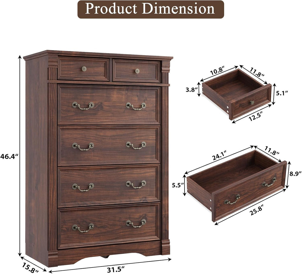 Walnut 6 Drawer Dresser for Bedroom, 47" Tall Dresser, Wood Rustic Chest of Drawers with Chic Wood Pilasters, Dressers Organizer for Bedroom, Hallway, Living Room