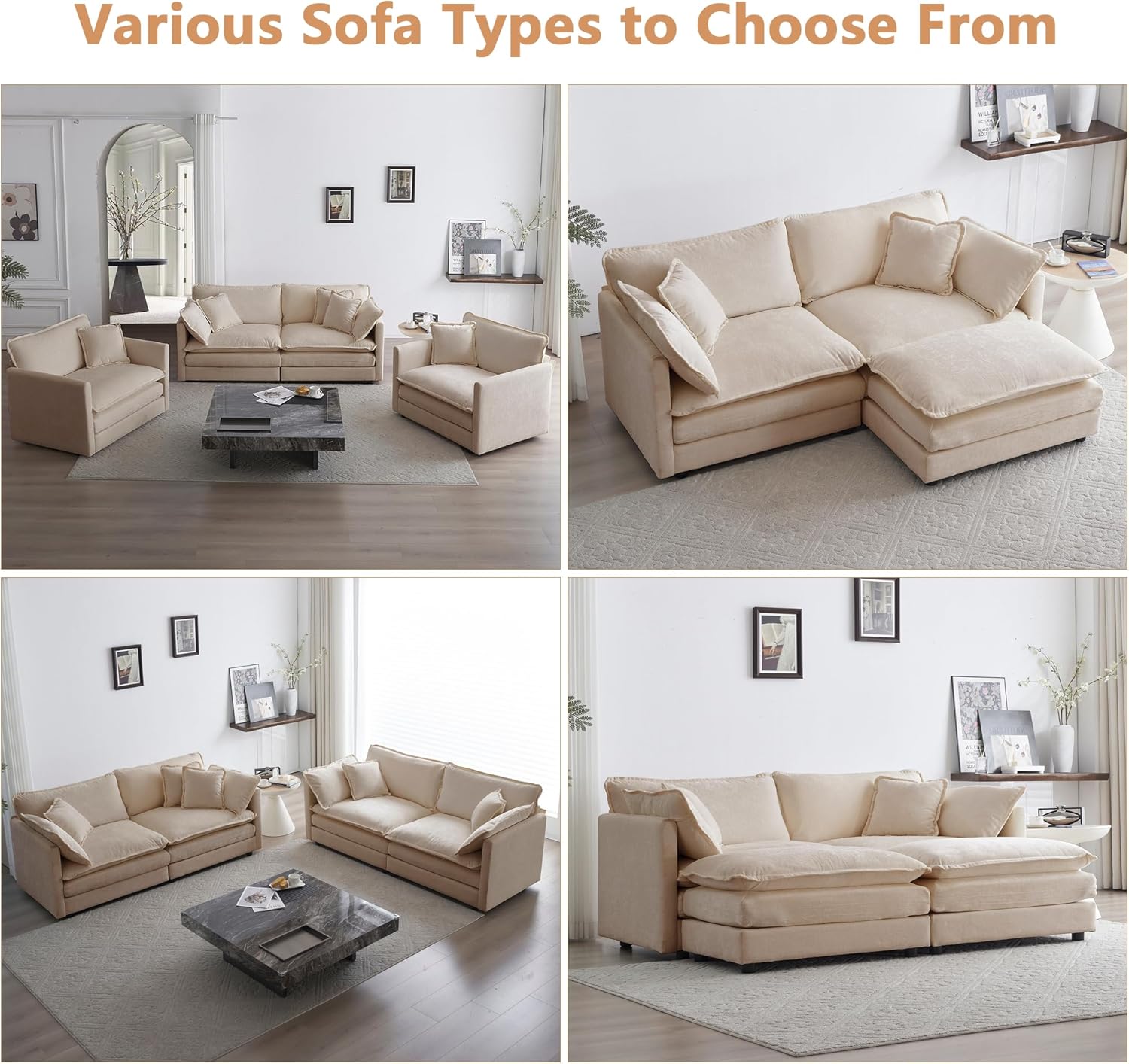 mikibama Luxury Loveseat Sofa Couch, 76" Modern Chenille Deep 2-Seater Cloud Couch with 2 Armrest Pillows and 2 Toss Pillows, Love Seat for Living Room Bedroom Office Apartment, Light Coffee