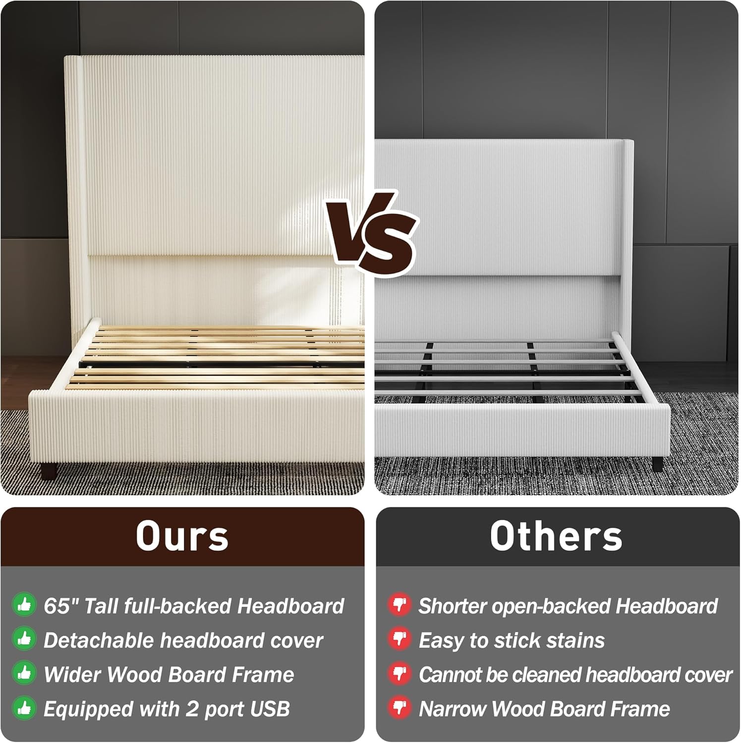 King Size 65.2" Upholstered Bed Frame with USB Charging Station,Soft Washable Corduroy Cover with Wingback Headboard, Solid Wood Legs/Noise-Free/No Box Spring Needed/Beige