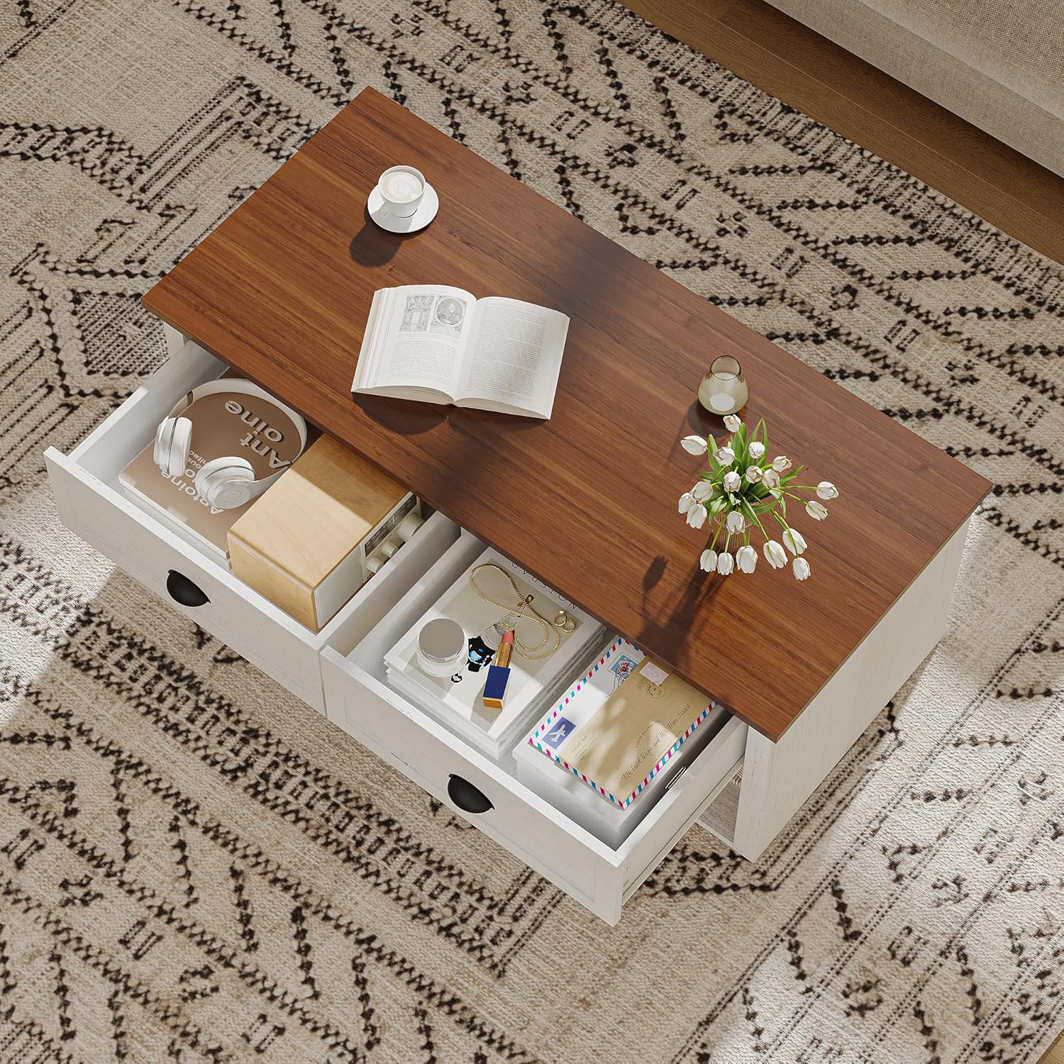 Farmhouse Coffee Table with Storage,62.6" Wide Rustic Center Table with Hidden Storage Compartment, Wood Dining Table for Living Room,Office,Antique White