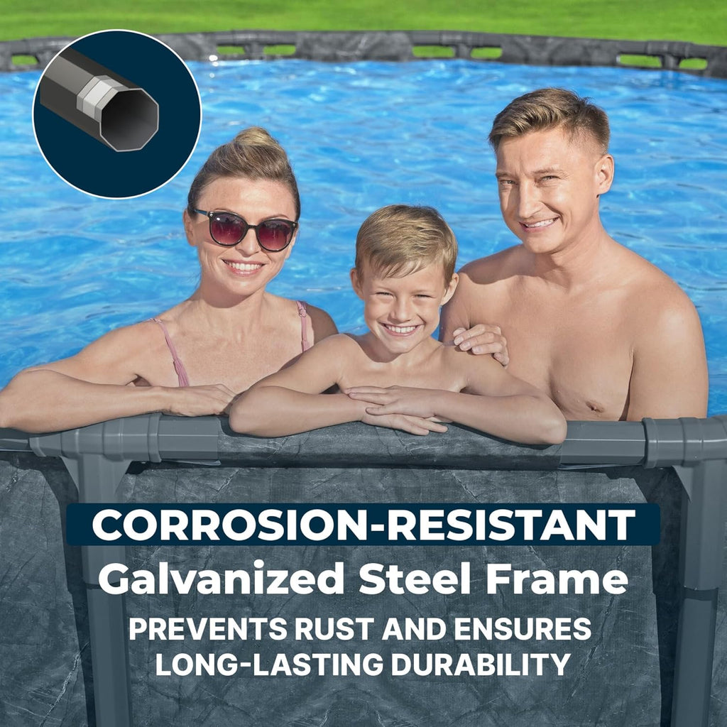 Bestway APX 365 18' x 52" Above Ground Pool  Round Metal Frame Outdoor Swimming Pool Set with Sand Filter Pump  Ladder  and Cover  Dark Marble