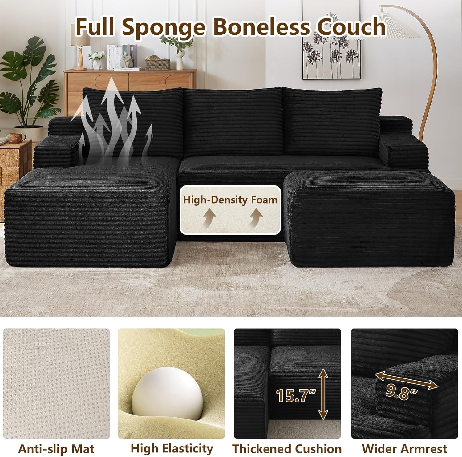 96" U-Shape Cloud Couch, Modern Modular Sectional L-Shape Sofa with Ottoman, Corduroy Upholstered Couches Deep Seat Sleeper Chaise Longue for Living Room, No Assembly Required(Black, Left Facing)