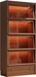 AQIMUELE Solid Wood Bookcase - 5-Tier Book case with 3 Color LED, 73.5" H x 32" W Tall Bookshelf with Clear Glass Doors and Storage Display Case Cabinet for Living Room