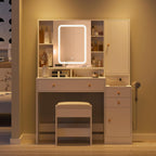 Vanity Desk with Mirror and Lights, Glass Top Vanity Table Makeup Vanity with Lights and Charging Station & Sliding Door, Glass Top Vanity with 3 Drawers and Jewelry Cabinet, 42.8inch