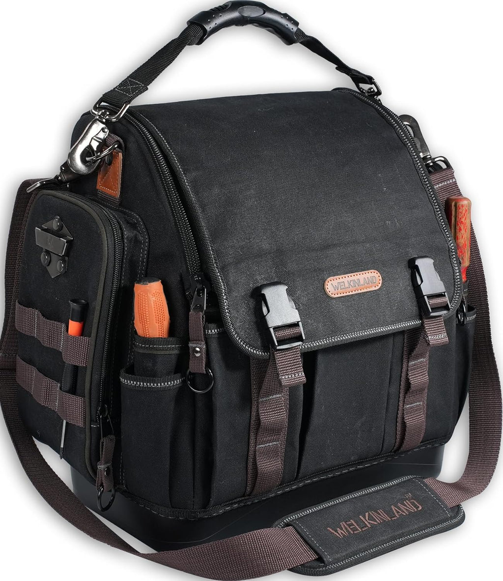 WELKINLAND 41-Pocket Electrician Tool Bag, 14-Inch HVAC Tools Bag, Heavy-Duty Waxed Canvas Tools Bags, Hard Bottom Tool Bags, Stay-up top-open Tool Bag, Quick-Access Tool Bags For Men