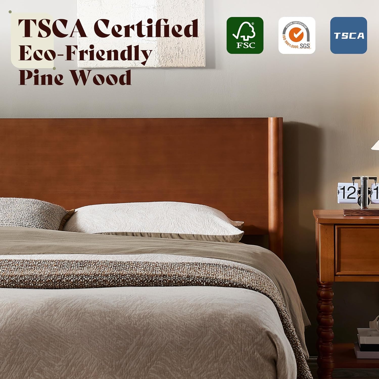 AMERLIFE Solid Wood Queen Bed Frame, Mid Century Modern Platform Bed with Full Panel Headboard, Wooden Bed with Cylindrical Legs, No Box Spring Needed & Noise-Free, Brown Walnut