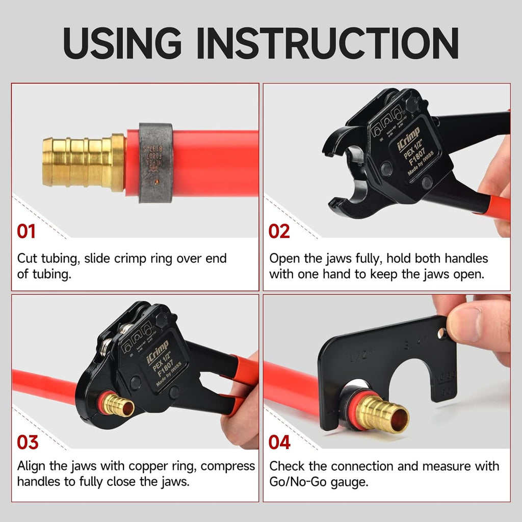 iCrimp Angle Head F1807 PEX Pipe Crimping Tool for Copper Rings - 1/2&3/4-inch Two Crimper Set with 9.5" Groove Joint Pliers, PPR Cutter, 20PCS 1/2" and 10PCS 3/4" Copper Rings