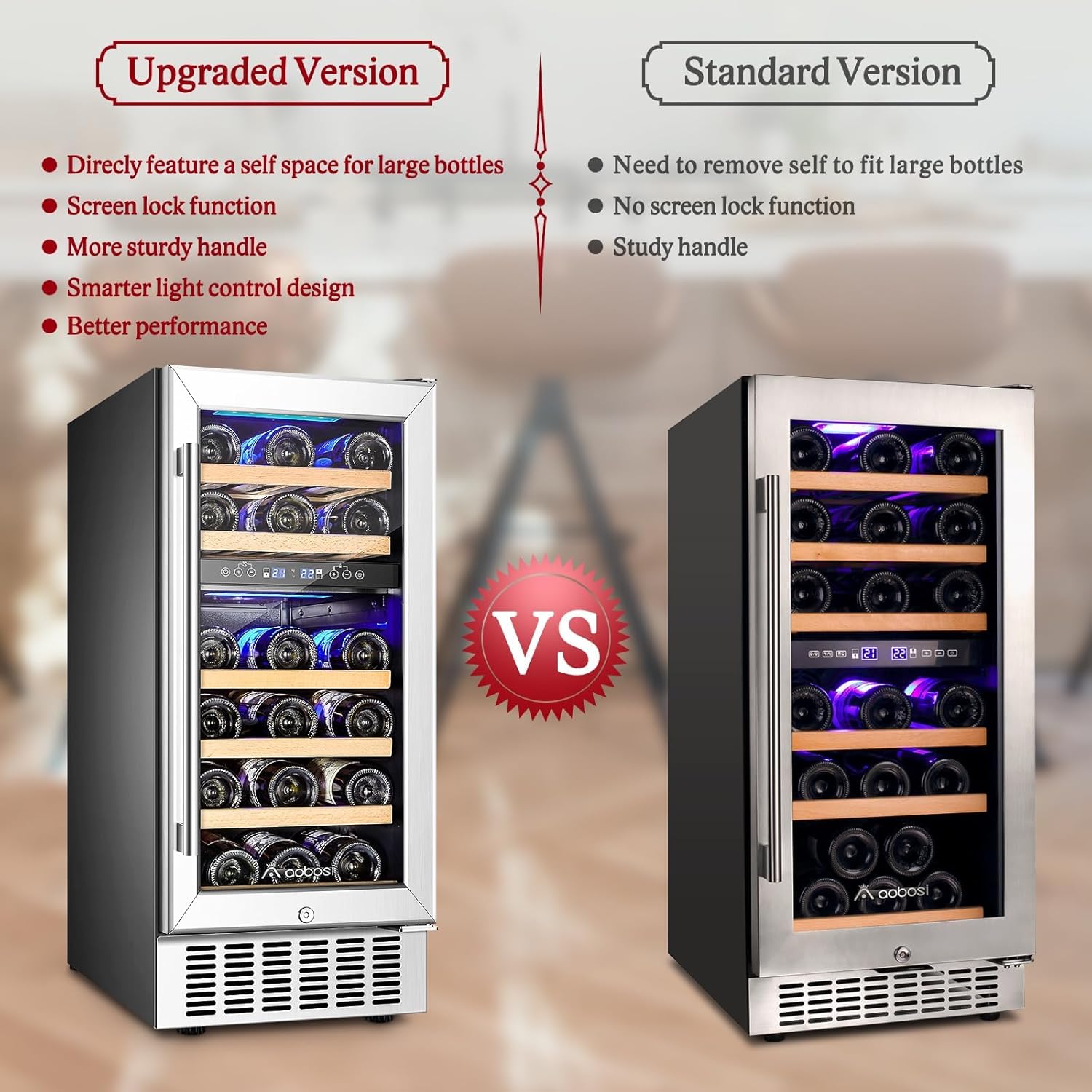 AAOBOSI 15 inch Dual Zone Wine Fridge, 28 Bottles Built-in or Freestanding Fridge,41-64°F Wine Cooler with Professional Compressor .Low Noise and No Fog