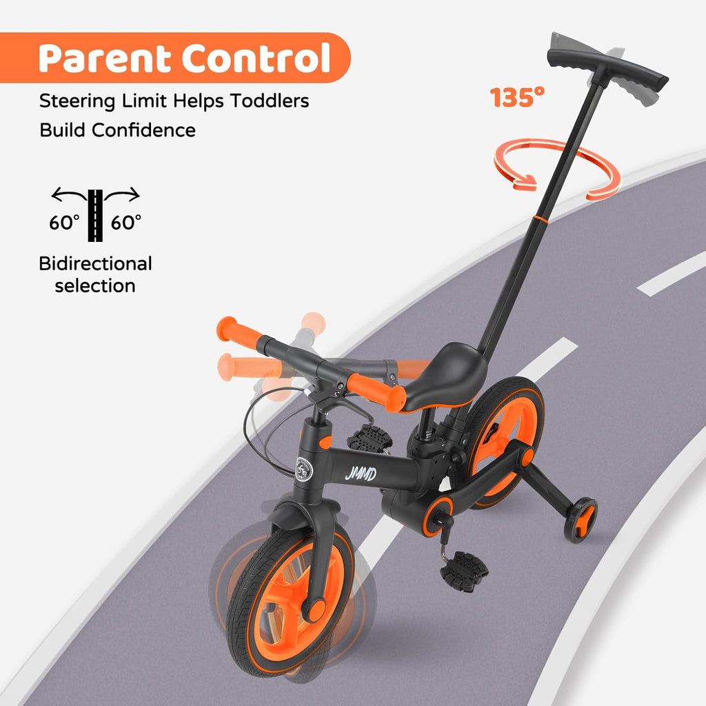JMMD 6 in 1 Toddler Bike with Push Handle for Kids 18-60 Months, 12" Foldable Balance Bike with Training Wheels, Pedals, Brakes, Kickstand, Push Tricycle Toddler Gift & Toys for Boy & Girl