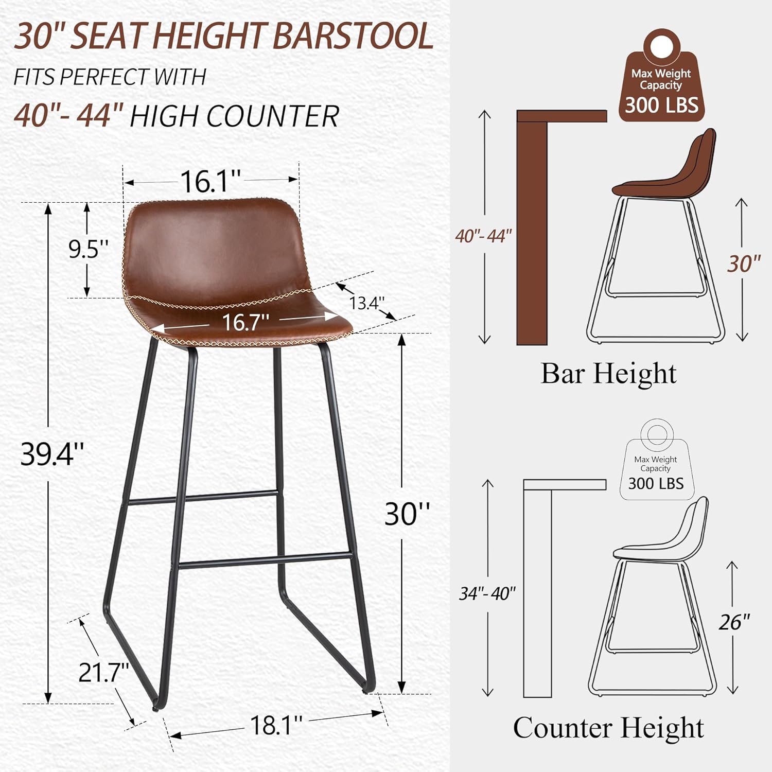 HeuGah Bar Stools, 30" Bar Height Stools Set of 4,Faux Leather Bar Stools with Back, Industrial Bar Height Barstool with Metal Legs Modern Counter Stool for Kitchen Island