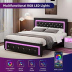 BarnFurin Queen Size Bed Frame with LED Lights, Upholstered Platform Bed with Diamond Tufted Headboard, No Box Spring Needed, Noise Free, Easy Assembly, Black