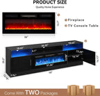 70" Fireplace TV Stand with Power Outlet for TVs UP to 80", Electric Fireplace Entertainment Center with LED Lights & Storage Cabinets, TV Console for Living Room, Office, Black-Black2