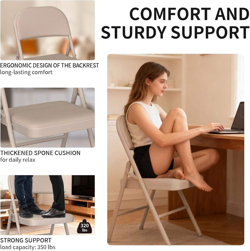 YLGJ&TIDY Set of 4 Folding Chairs with Padded Cushion and Steel Legs Portable Foldable Chairs Metal Folding Chair for Outside Indoor Dining Room Office Party, No Assembly, Beige