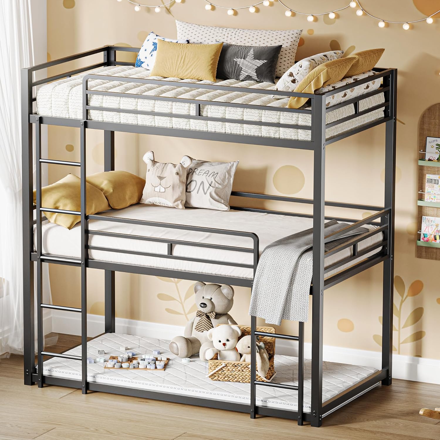 LIKIMIO Triple Bunk Bed, Bunk Bed Twin Over Twin Over Twin, Triple Bunk with 2 Ladders, Metal Bed Frame with Guardrails for Bedroom, No Box Spring Needed, Black