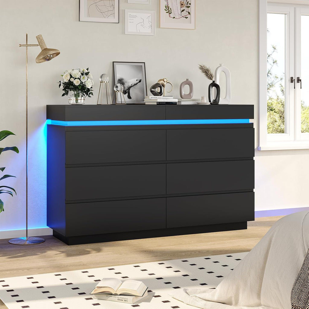 DICTAC Modern 6 Drawer Dresser with Sliding Desktop, Wide Chest of Drawers with Charging Station & LED Lights, Large Storage Tower Clothes Organizer, Black Dresser for Bedroom