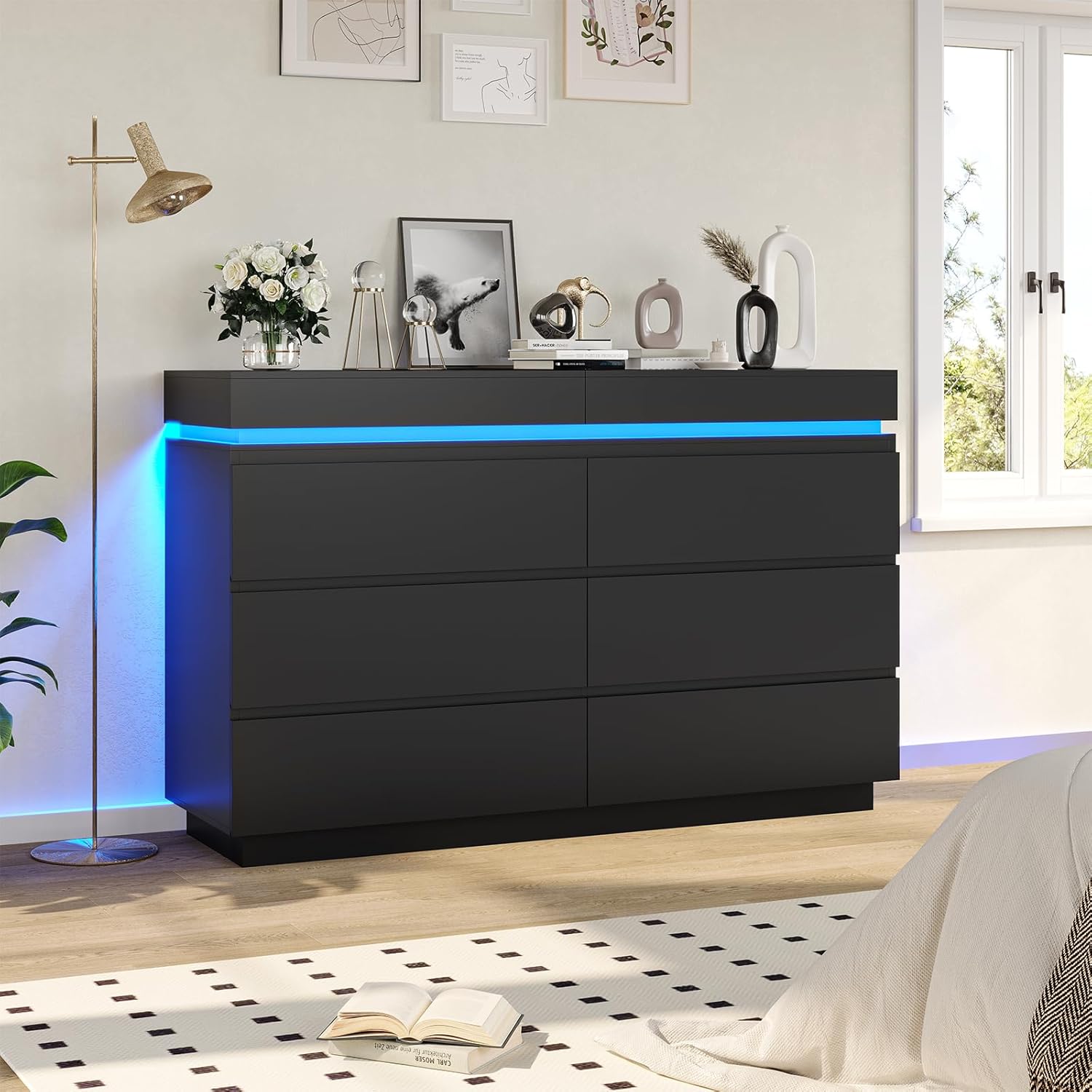 DICTAC Modern 6 Drawer Dresser with Sliding Desktop, Wide Chest of Drawers with Charging Station & LED Lights, Large Storage Tower Clothes Organizer, Black Dresser for Bedroom