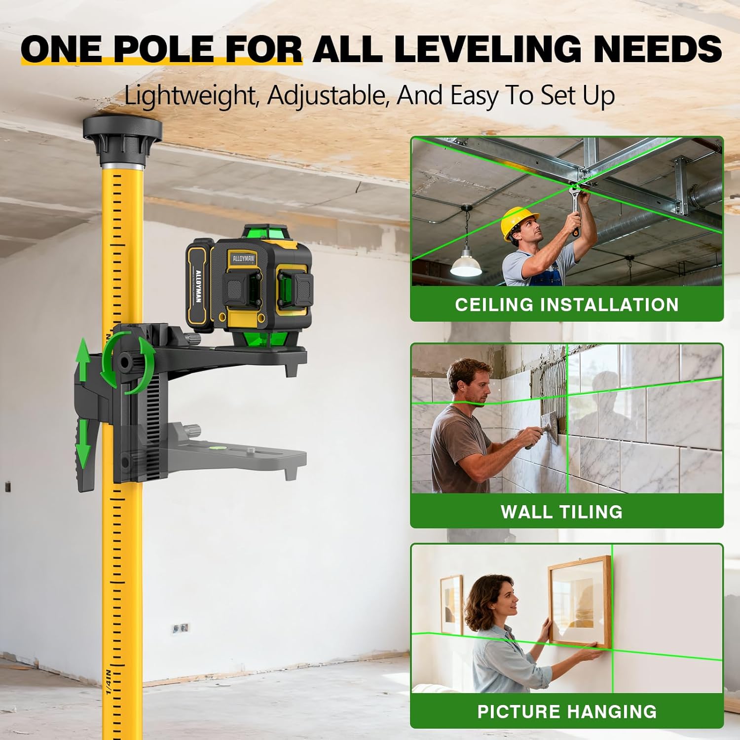 Alloyman 4x360°Self Leveling Laser Level, 12 Ft./3.7M Professional Laser Level Pole with Tripod, Green Line Lazer Leveler Tool with 2* Li-ion Batteries for Picture Hanging, Tile, Home Renovation