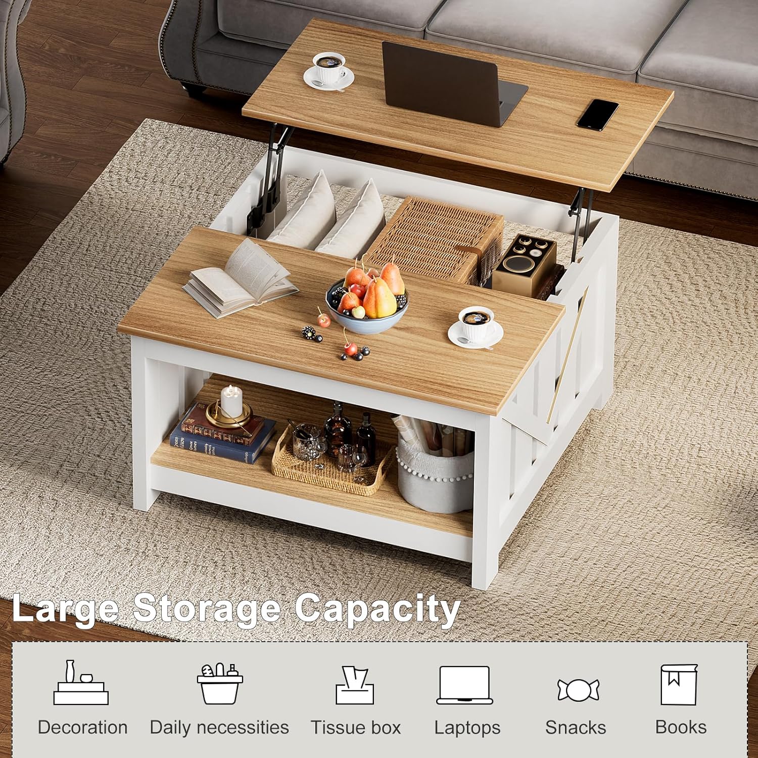 FABATO Lift Top Coffee Table, 31.5" Farmhouse Coffee Tables with Storage, Small Square Cocktail Tables, Wood Central Table for Living Room, Meeting Room, White