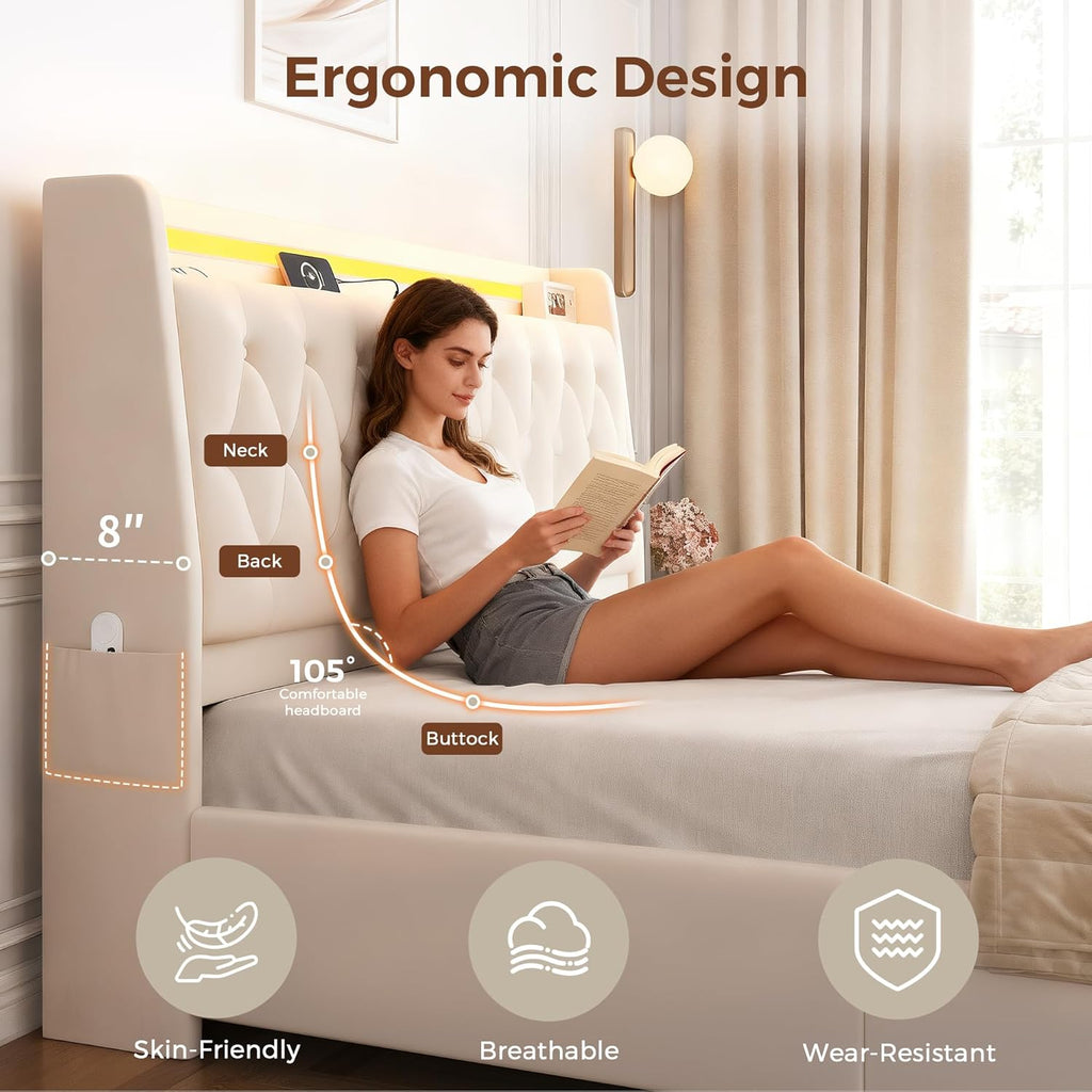 Queen LED Velvet Bed Frame with 2 Storage Drawers&Hidden Headboard, Upholstered Platform Bed with Charging Station&Button Tufted Design, Wooden Slats Support, Box Spring Optional, Easy Assembly, Beige