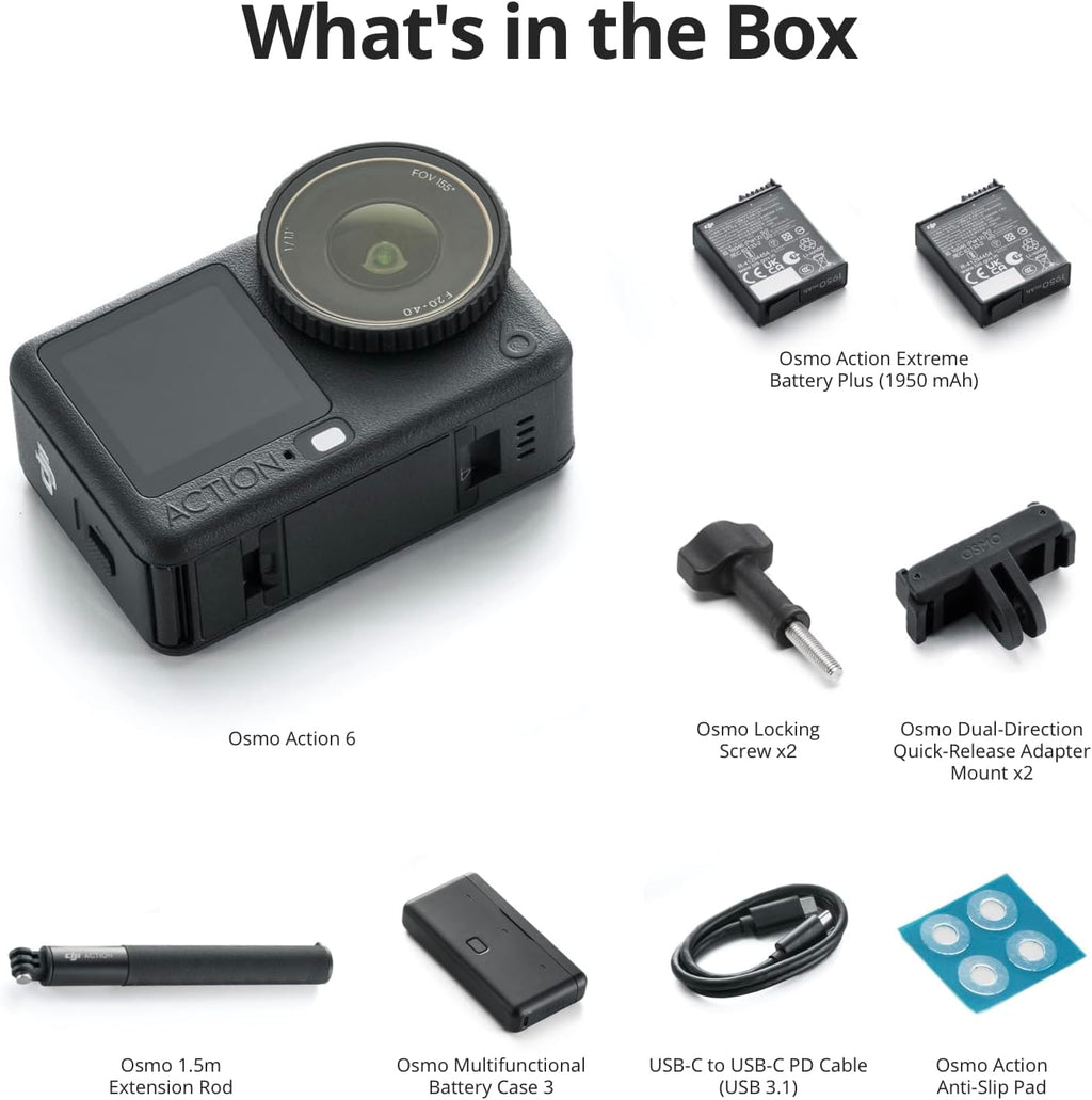 DJI Osmo Action 6 Enhanced Combo  Action Camera with 1/1.1″ Square Sensor  Variable Aperture of f/2.0–f/4.0  Extended Battery Life with 2 Batteries  Action Camera 8K for Extended Outdoor Filming