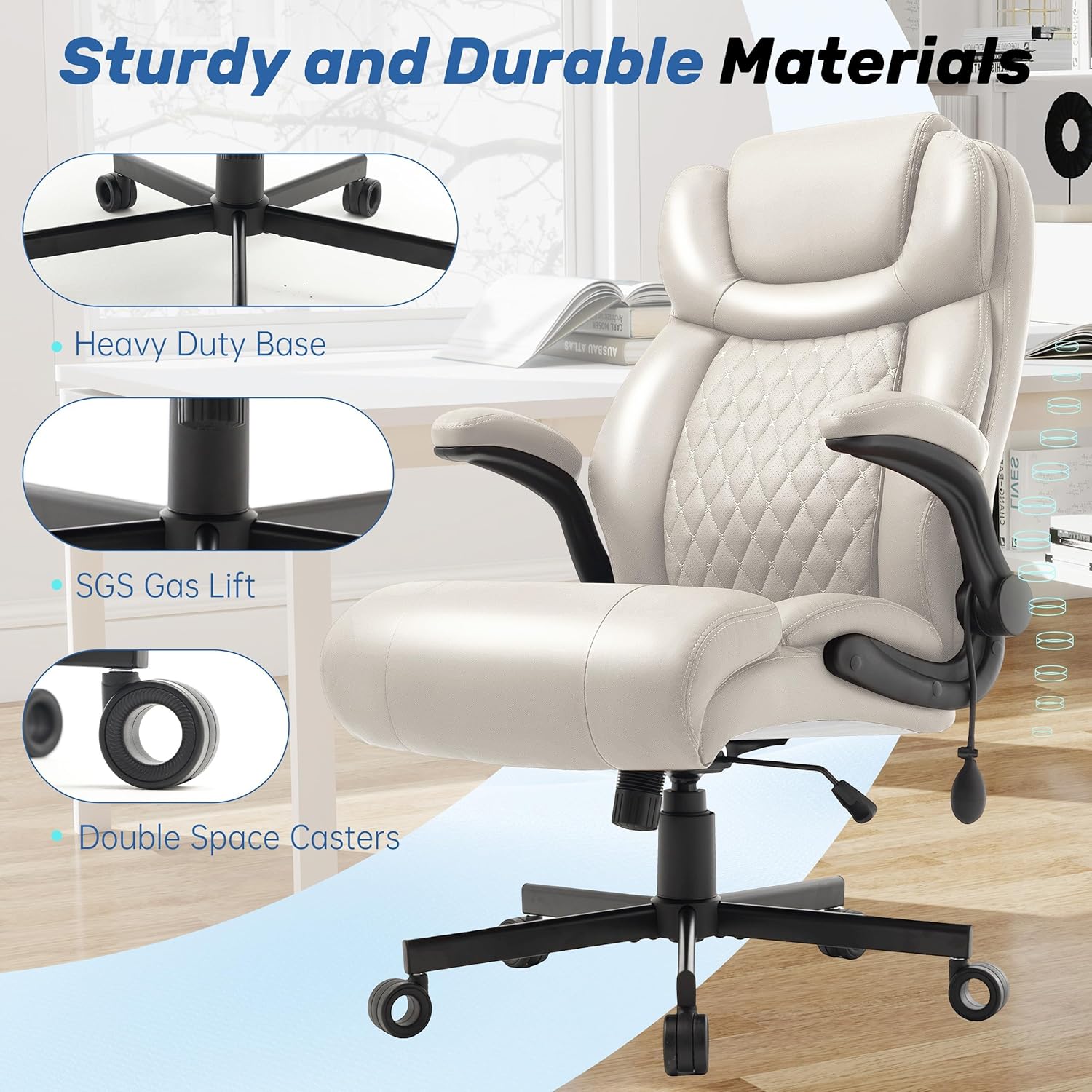 550LBS Big and Tall Office Chair, Comfy Heavy Duty Executive Chair with Adjustable Lumbar Support Double Spaces Casters, PU Extra Wide Seat Ergonomic Computer Desk Chair for Back Pain, BEIGEWHITE