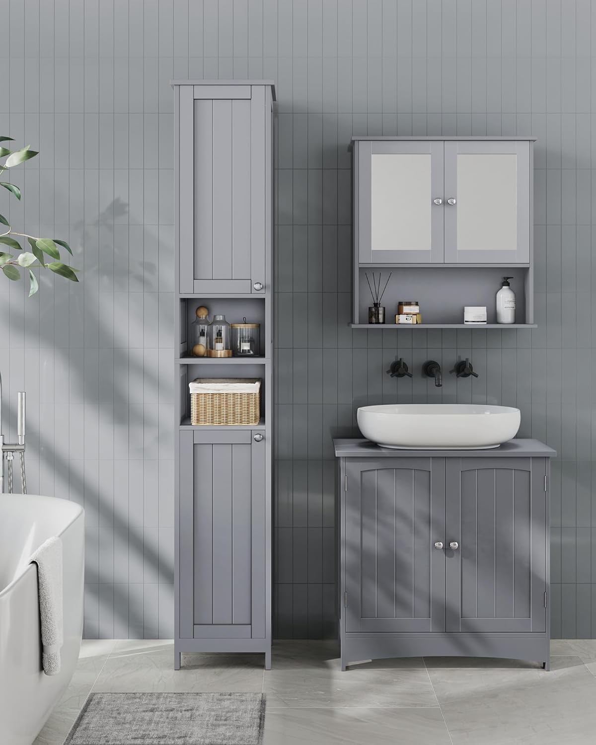 VASAGLE Tall Storage Cabinet with Lights, Slim Freestanding Cabinet with Adjustable Shelves, for Small Spaces, Bathroom, Living Room, Modern, 11.8 Inches Wide, Dove Gray UBBC566G02