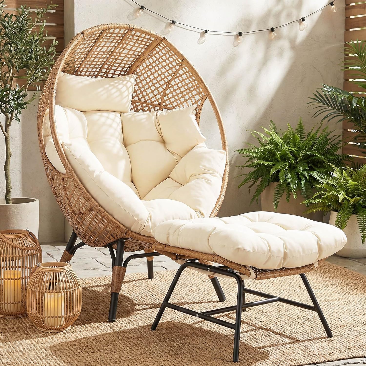NICESOUL Wicker Egg Chair with Ottoman  Indoor Outdoor Egg Basket Lounge Chair w/Cushion  Oversized Egg Seat with Legs 440 Lbs  Comfy Cozy Boho Style Nest Chair w/Footrest for Patio  Balcony  Beige