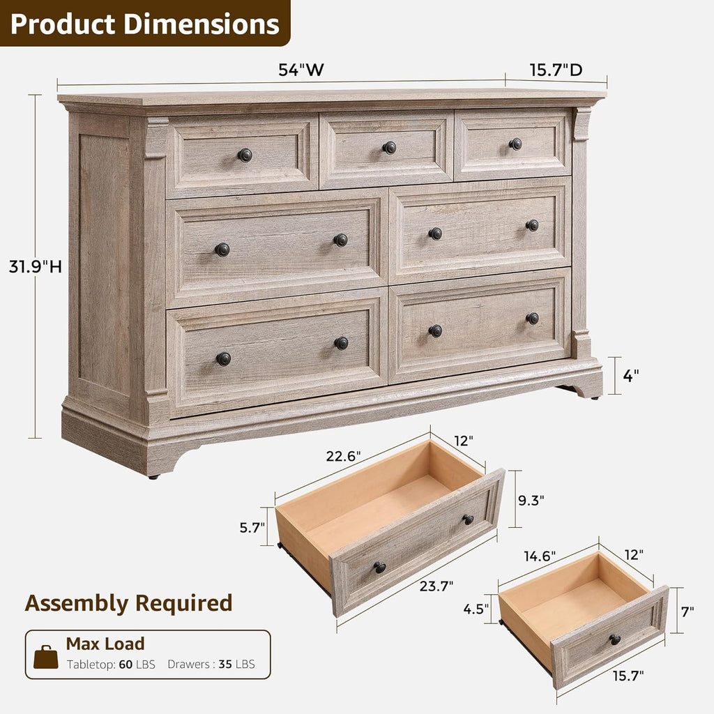 T4TREAM Farmhouse 7 Drawers Dresser for Bedroom, 54" Wide Wood Rustic Chest of Drawers w/Roman Column, Wooden Storage Dressers Organizer for Bedroom, Living Room, Light Rustic Oak
