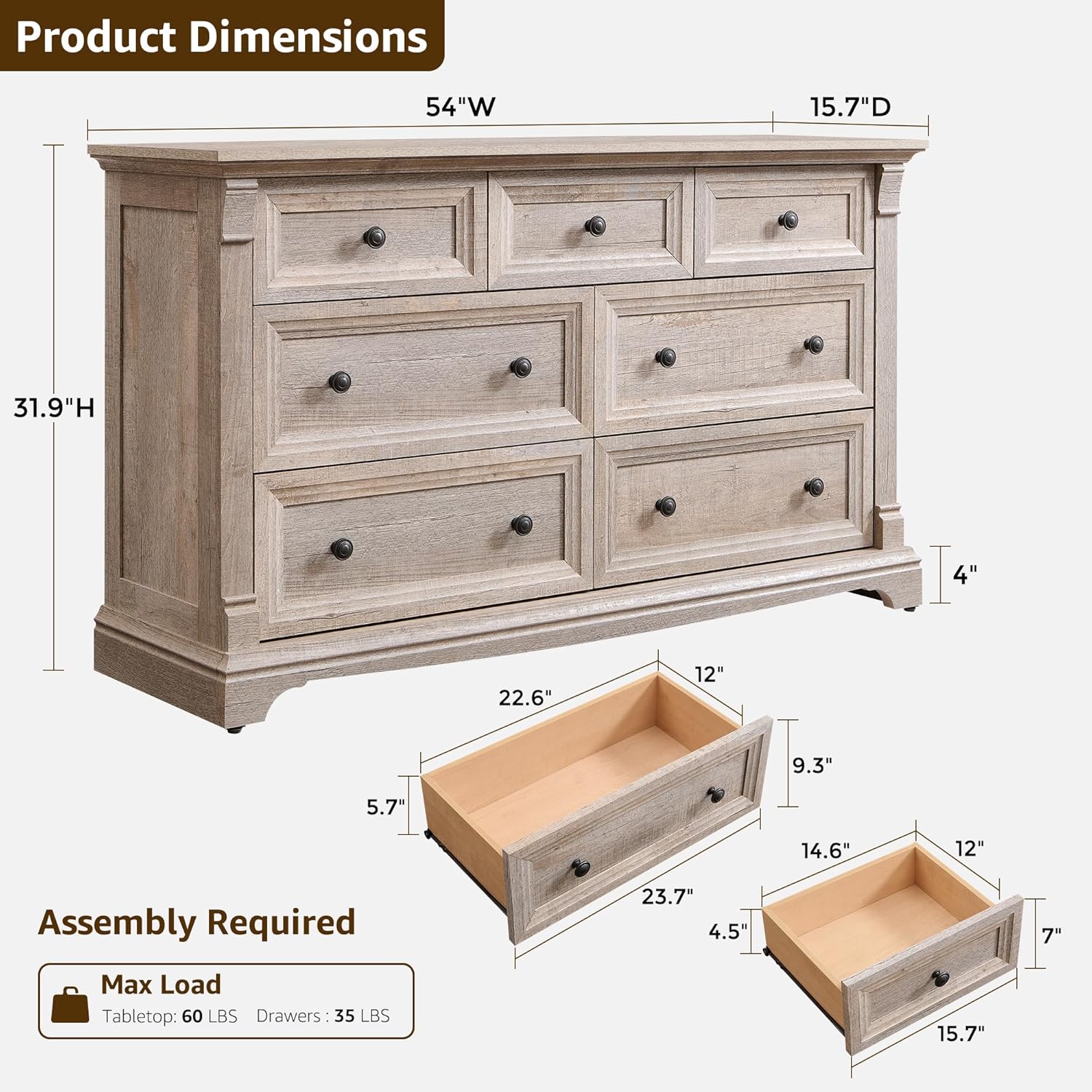 T4TREAM Farmhouse 7 Drawers Dresser for Bedroom, 54" Wide Wood Rustic Chest of Drawers w/Roman Column, Wooden Storage Dressers Organizer for Bedroom, Living Room, Light Rustic Oak