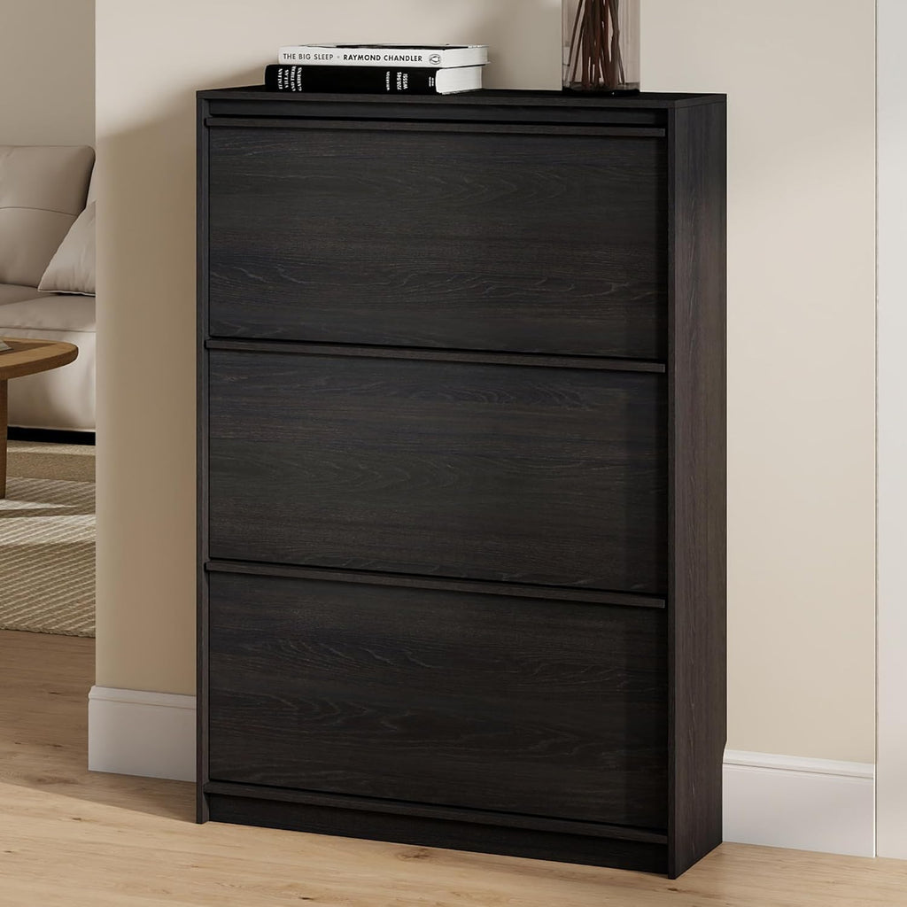 Shoe Cabinet with 3 Flip Drawers, 31.5" W Narrow Shoe Storage Cabinet for Entryway, Slim Shoe Organizer with Adjustable Shelves, Freestanding Shoe Rack for Hallway, Living Room, Black