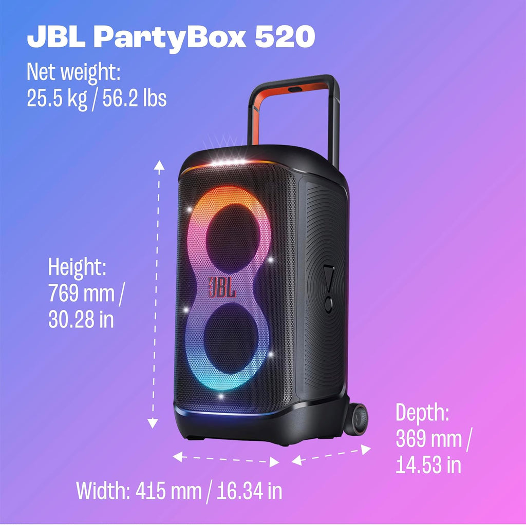 JBL PartyBox 520 - Portable Battery-Powered Party Speaker with AI Sound Boost  Up to 15 Hours of Play time  IPX4 Splash Proof  Multi-Speaker Connection by Auracast  and Telescopic Handle (Black)