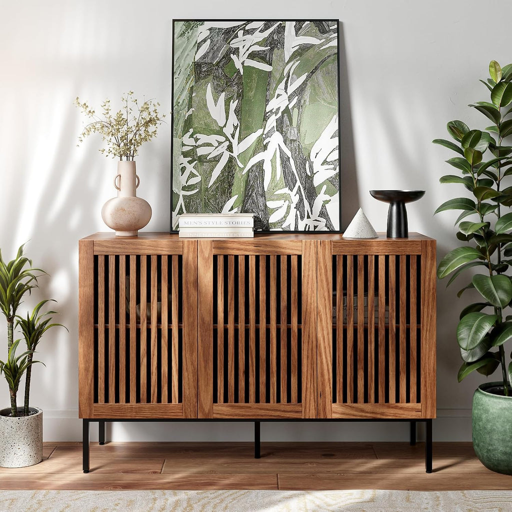 BVIUNTWO Buffet Cabinet, Modern Credenza Storage Cabinet with Adjustable Shelves and Metal Base, 47 Inch Wood Multifunctional Console Table for Kitchen, Living Room, Entryway, Brown