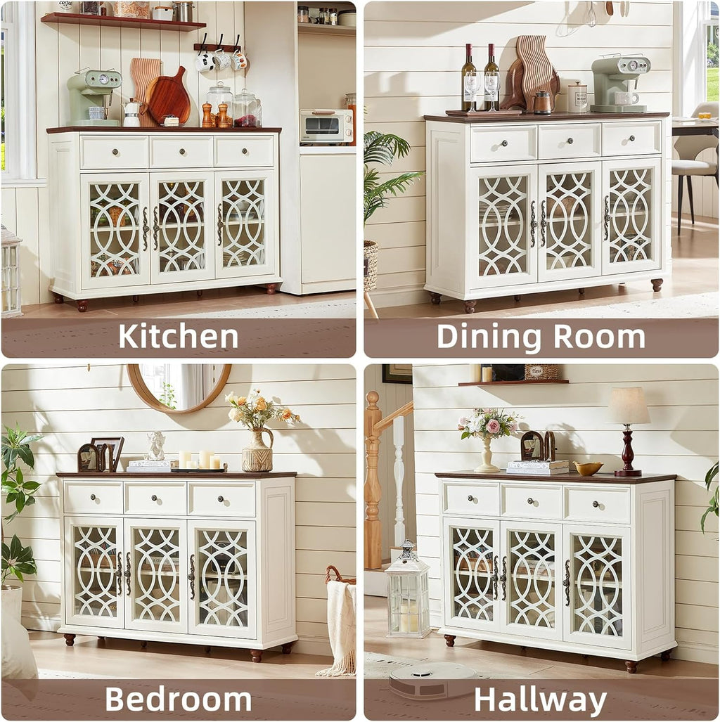 Farmhouse Sideboard Buffet Cabinet with Storage,48" Large Credenza with 3 Glass Doors & 3 Drawers,Adjustable Shelves Console Table,Wood Kitchen Coffee Bar for Dining Room,Living Room,White