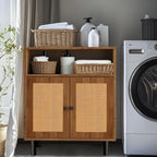 Rattan Storage Cabinet, Boho Accent Cabinet with Double Doors, Small Freestanding Sideboard for Hallway, Laundry Room,Kitchen, Dining Room, Entryway (Walnut)