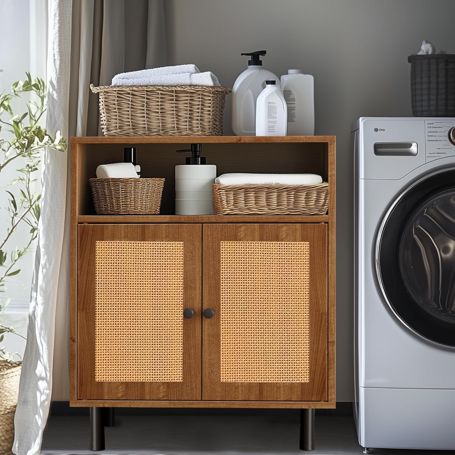 Rattan Storage Cabinet, Boho Accent Cabinet with Double Doors, Small Freestanding Sideboard for Hallway, Laundry Room,Kitchen, Dining Room, Entryway (Walnut)