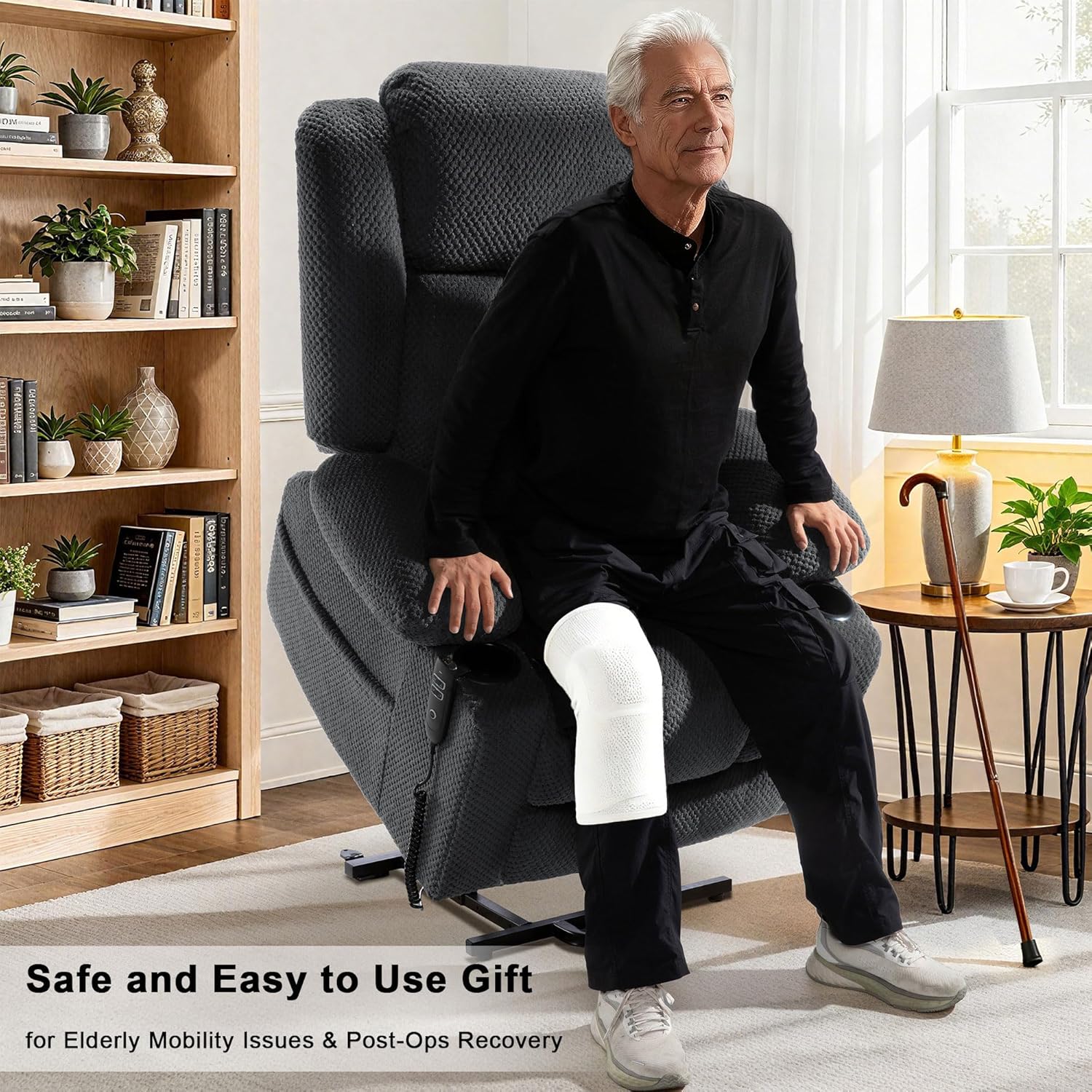 Dual-Motor Power Lift Chair Recliner for Elderly, Plush Fabric Lay Flat Large Lift Recliner with Extended Footrest, Massage and Heat, USB-A & Type C, Cup Holder, Side Pocket, Grey