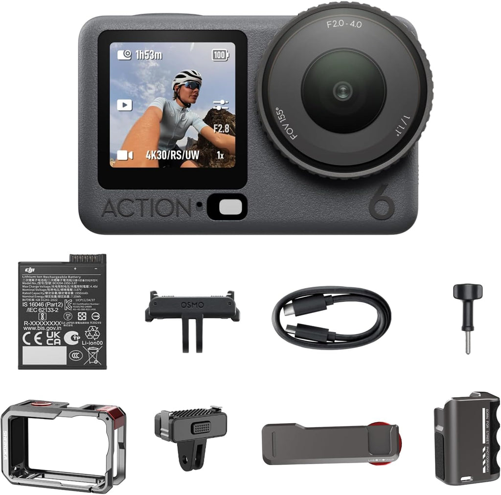 DJI Osmo Action 6 Essential Combo  with Street Photography Handle Kit  Action Camera with 1/1.1″ Square Sensor  Variable Aperture of f/2.0–f/4.0  Action Camera 8K Ideal for Daily Use