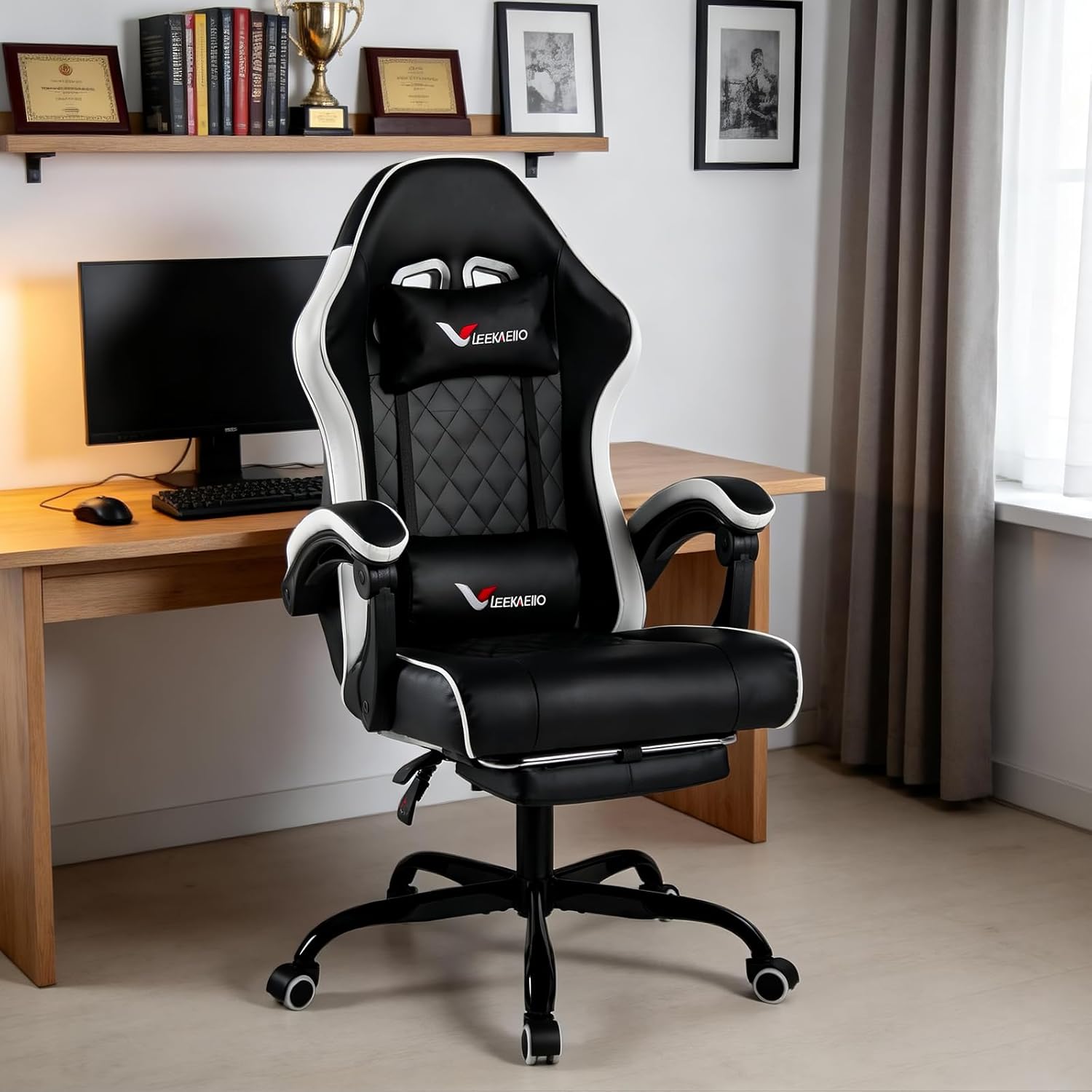 Gaming Chair for Adults, Computer Chair with Footrest and Pocket Spring Cushion,Comfortable Ergonomic Video Game Chair with Lumbar Support and Headrest for Office Home (White)