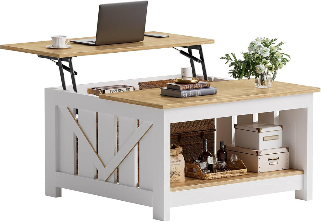 FABATO Lift Top Coffee Table, 31.5" Farmhouse Coffee Tables with Storage, Small Square Cocktail Tables, Wood Central Table for Living Room, Meeting Room, White