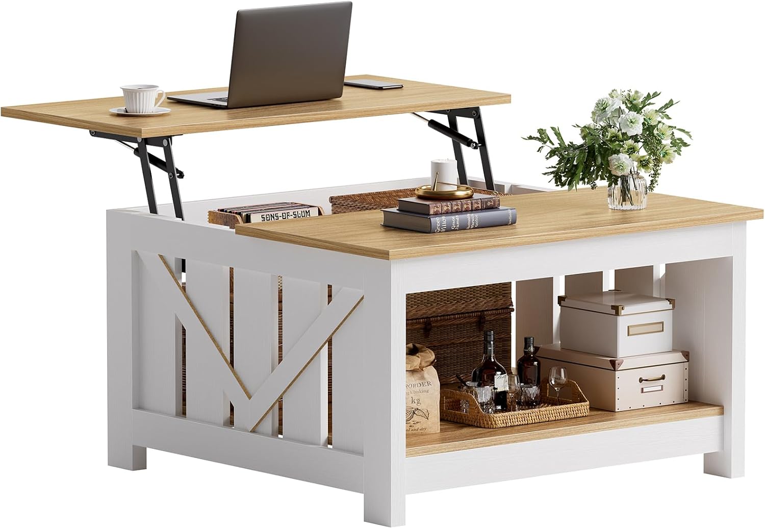 FABATO Lift Top Coffee Table, 31.5" Farmhouse Coffee Tables with Storage, Small Square Cocktail Tables, Wood Central Table for Living Room, Meeting Room, White